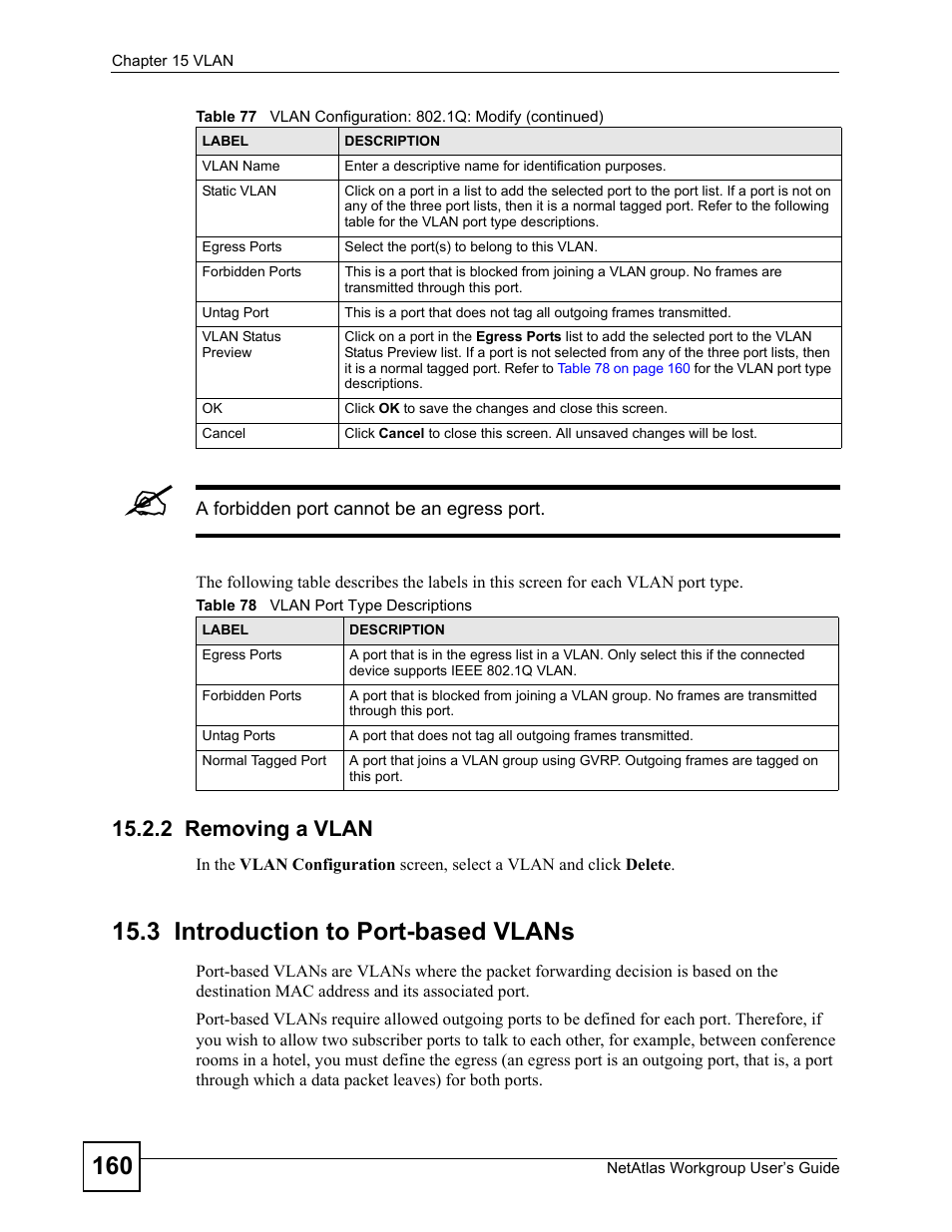 2 removing a vlan, 3 introduction to port-based vlans, Table 78 vlan port type descriptions | ZyXEL Communications Version 1.03 User Manual | Page 160 / 242