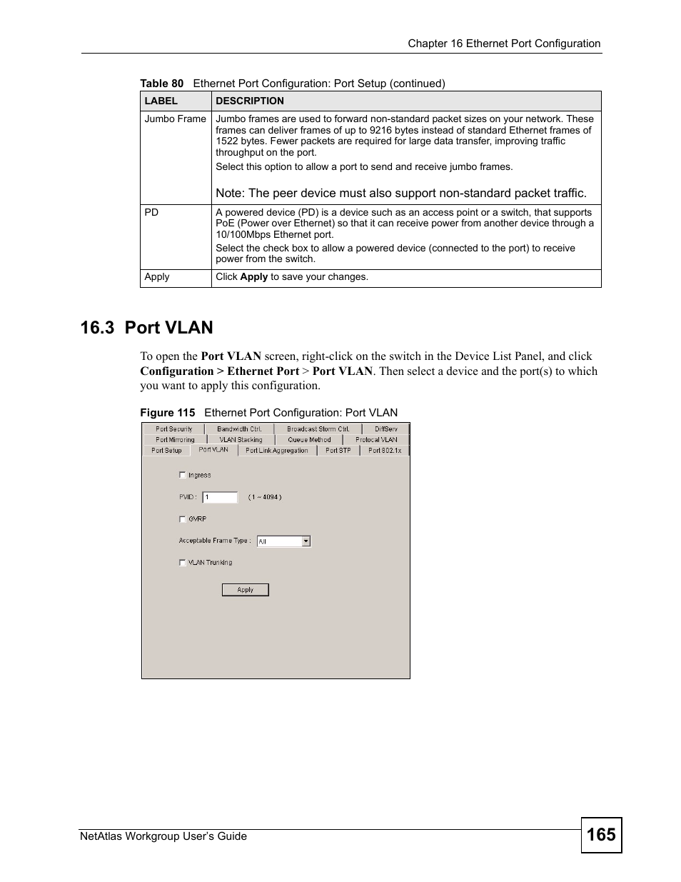 3 port vlan, Figure 115 ethernet port configuration: port vlan | ZyXEL Communications Version 1.03 User Manual | Page 165 / 242
