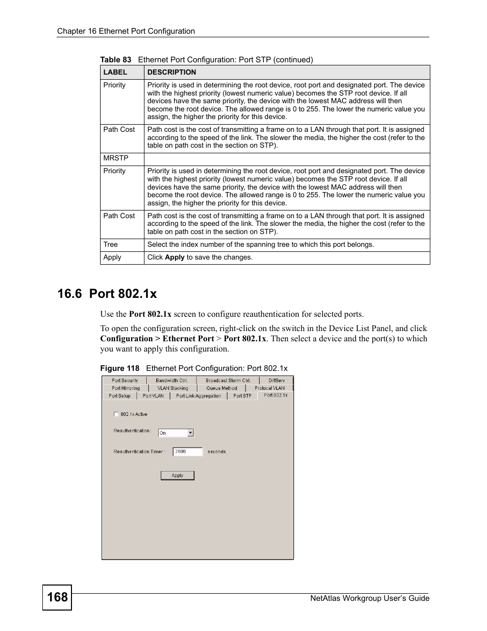 6 port 802.1x | ZyXEL Communications Version 1.03 User Manual | Page 168 / 242