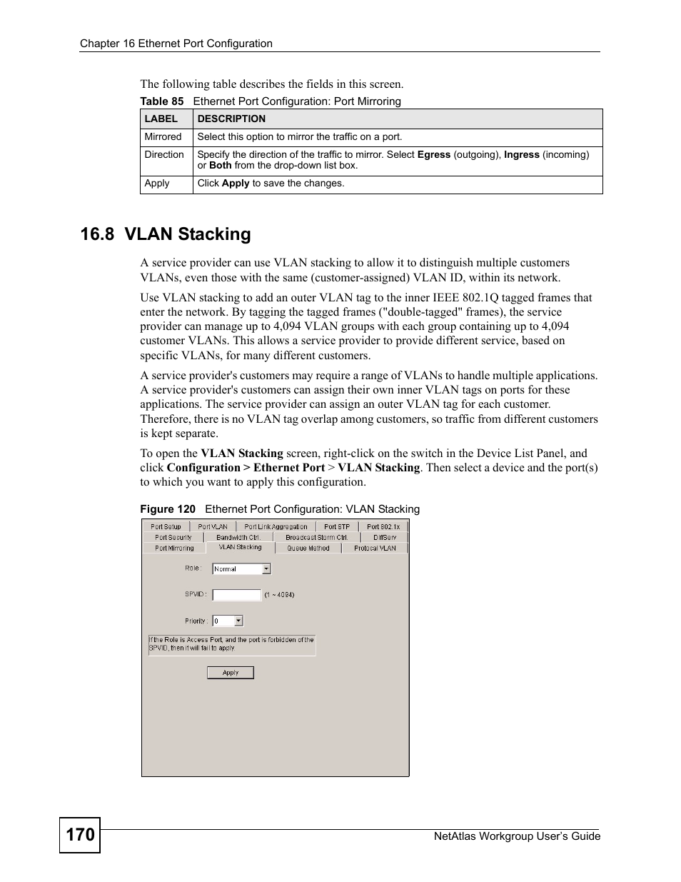 8 vlan stacking | ZyXEL Communications Version 1.03 User Manual | Page 170 / 242