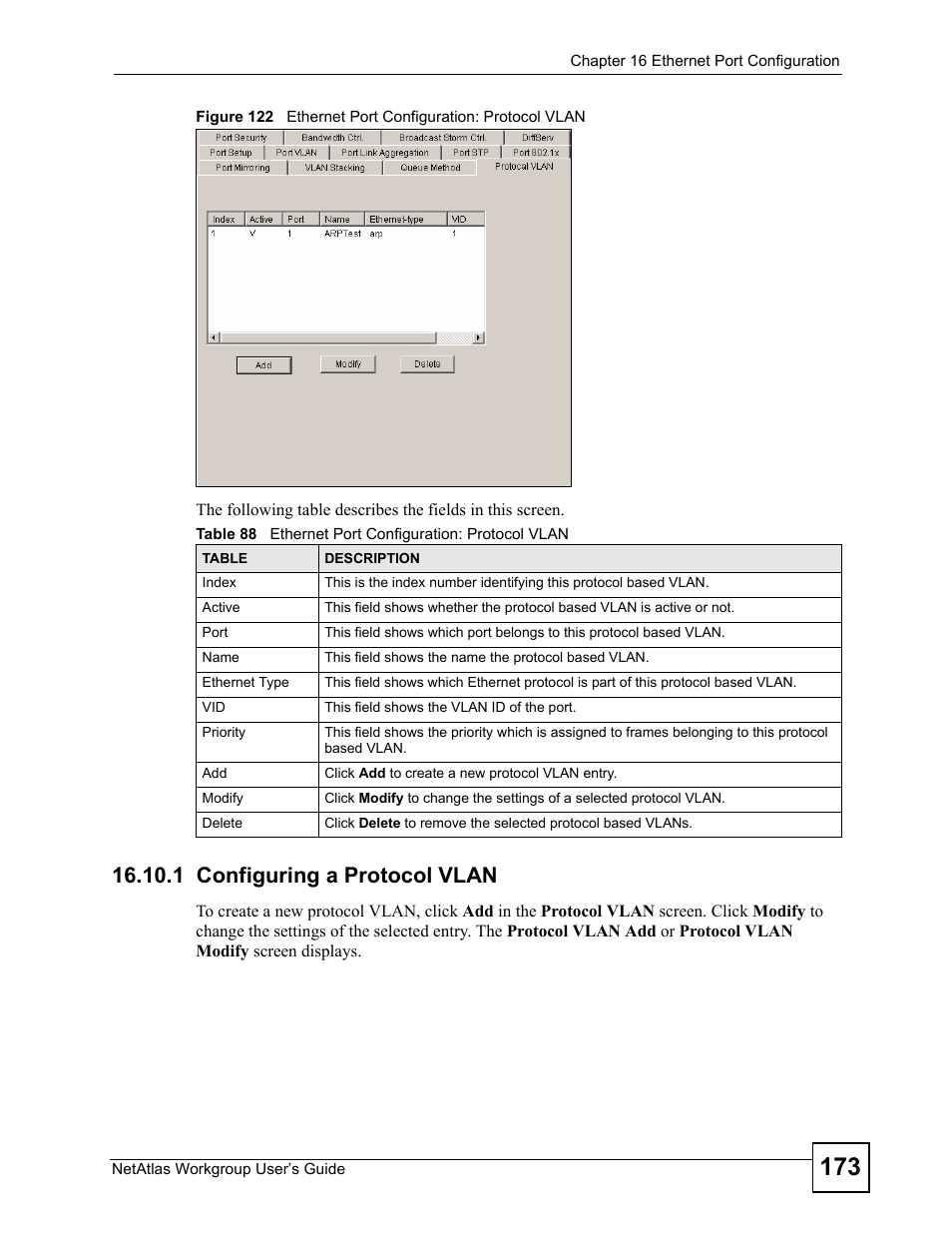 1 configuring a protocol vlan | ZyXEL Communications Version 1.03 User Manual | Page 173 / 242
