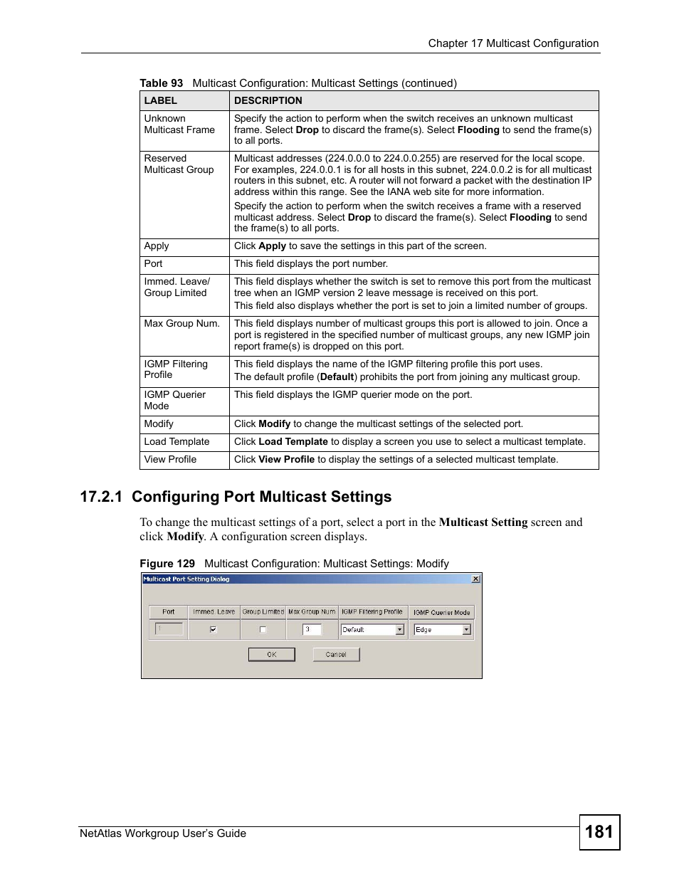 1 configuring port multicast settings | ZyXEL Communications Version 1.03 User Manual | Page 181 / 242