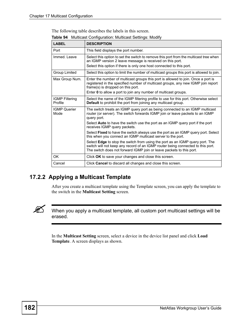 2 applying a multicast template | ZyXEL Communications Version 1.03 User Manual | Page 182 / 242
