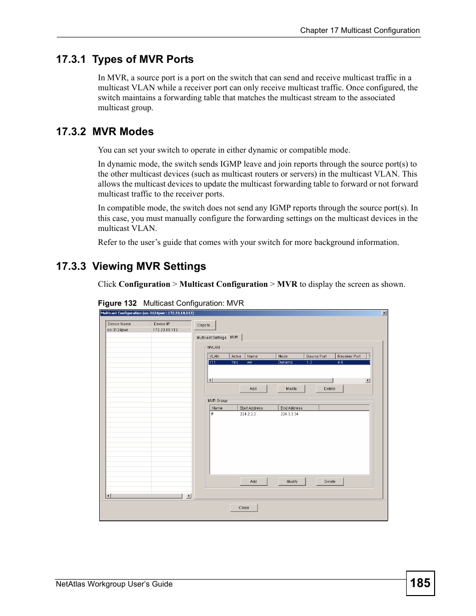 1 types of mvr ports, 2 mvr modes, 3 viewing mvr settings | Figure 132 multicast configuration: mvr | ZyXEL Communications Version 1.03 User Manual | Page 185 / 242