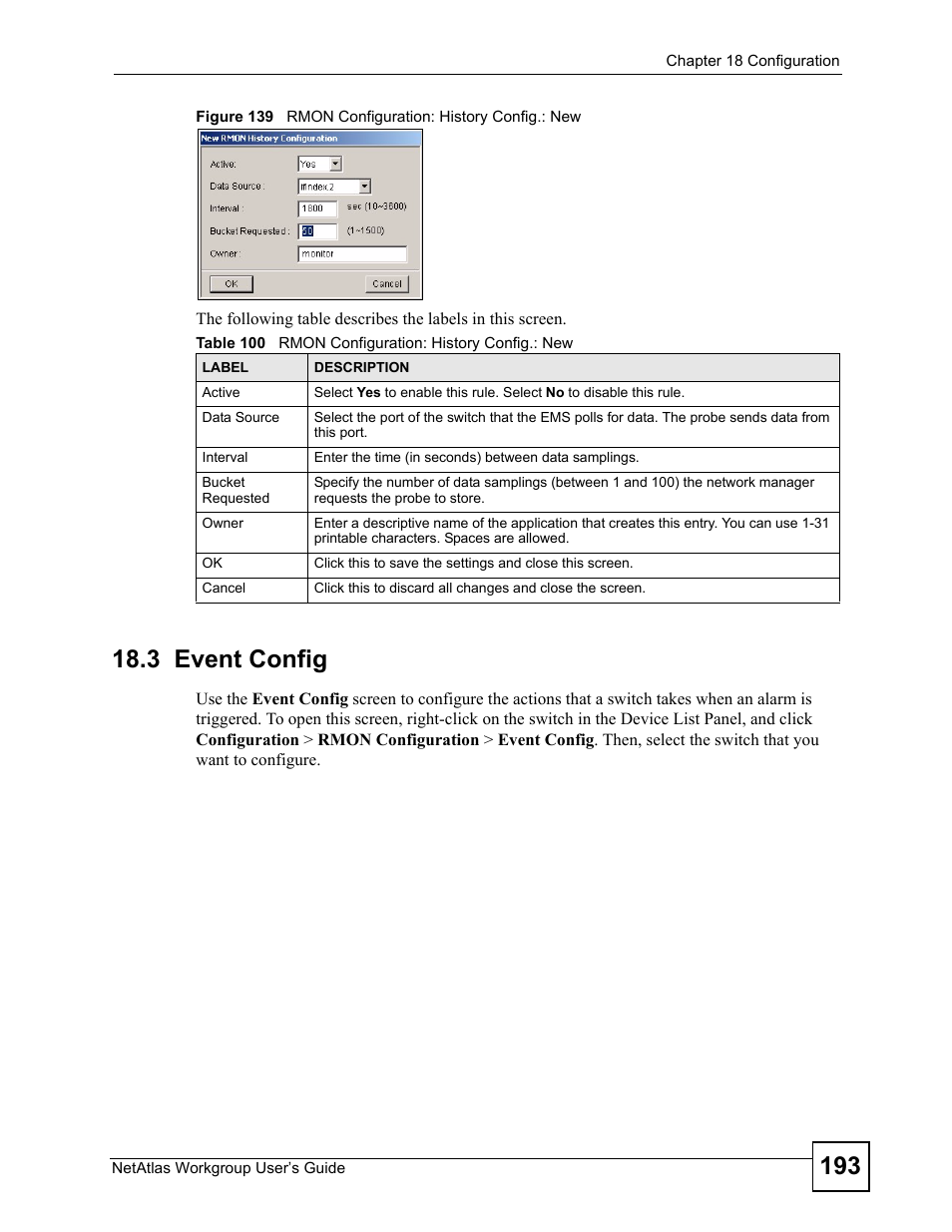 3 event config, Table 100 rmon configuration: history config.: new | ZyXEL Communications Version 1.03 User Manual | Page 193 / 242