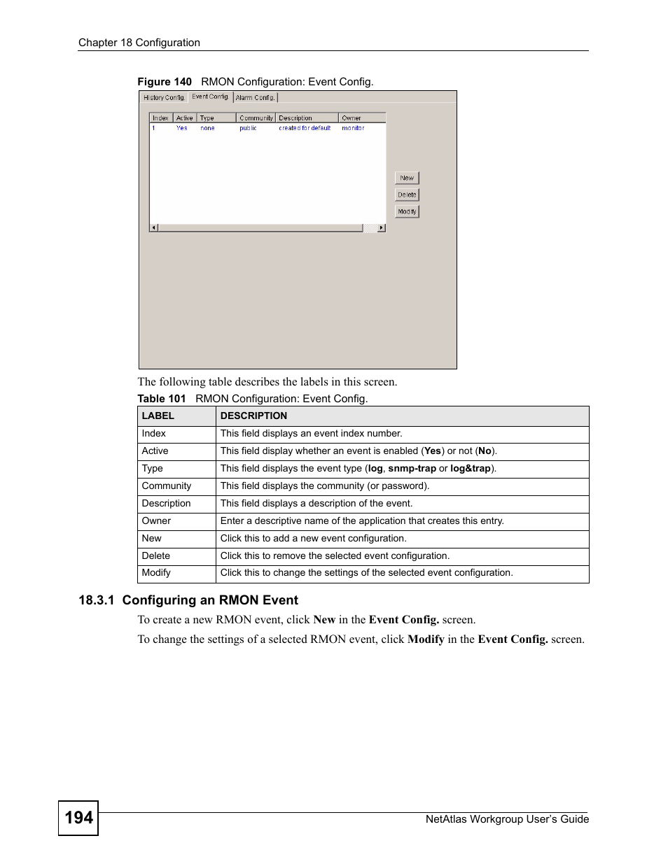1 configuring an rmon event, Figure 140 rmon configuration: event config, Table 101 rmon configuration: event config | ZyXEL Communications Version 1.03 User Manual | Page 194 / 242