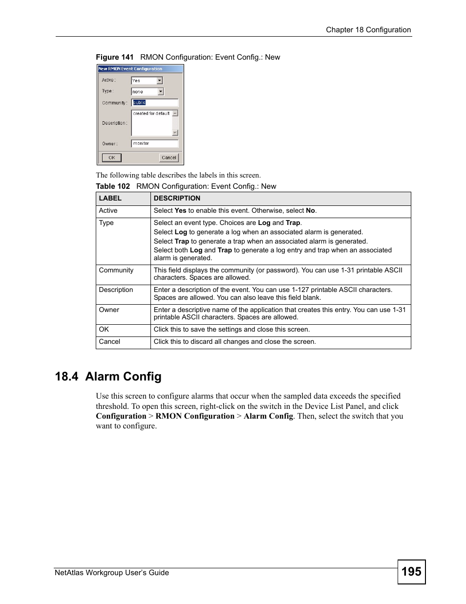 4 alarm config, Figure 141 rmon configuration: event config.: new, Table 102 rmon configuration: event config.: new | ZyXEL Communications Version 1.03 User Manual | Page 195 / 242