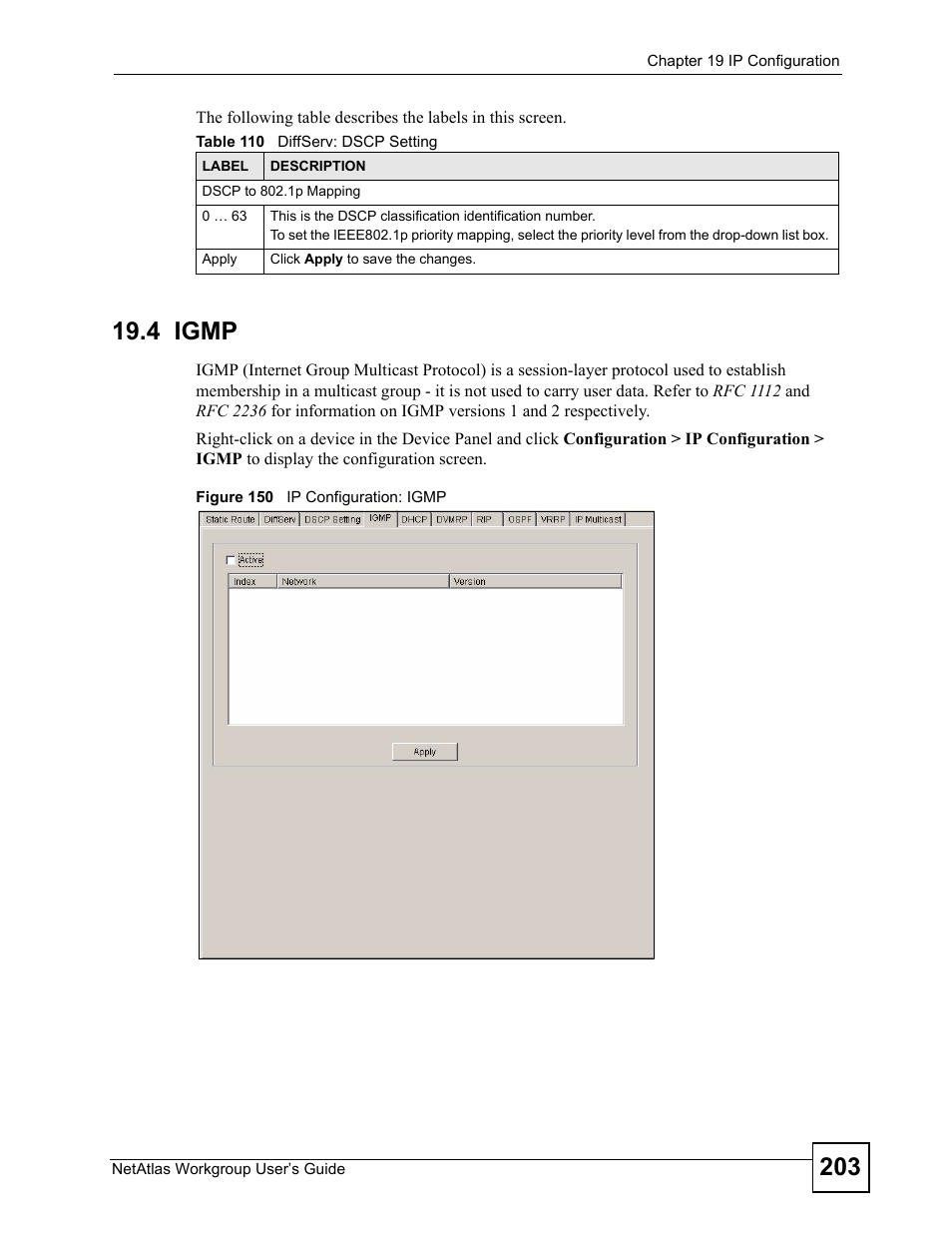 4 igmp, Figure 150 ip configuration: igmp, Table 110 diffserv: dscp setting | ZyXEL Communications Version 1.03 User Manual | Page 203 / 242