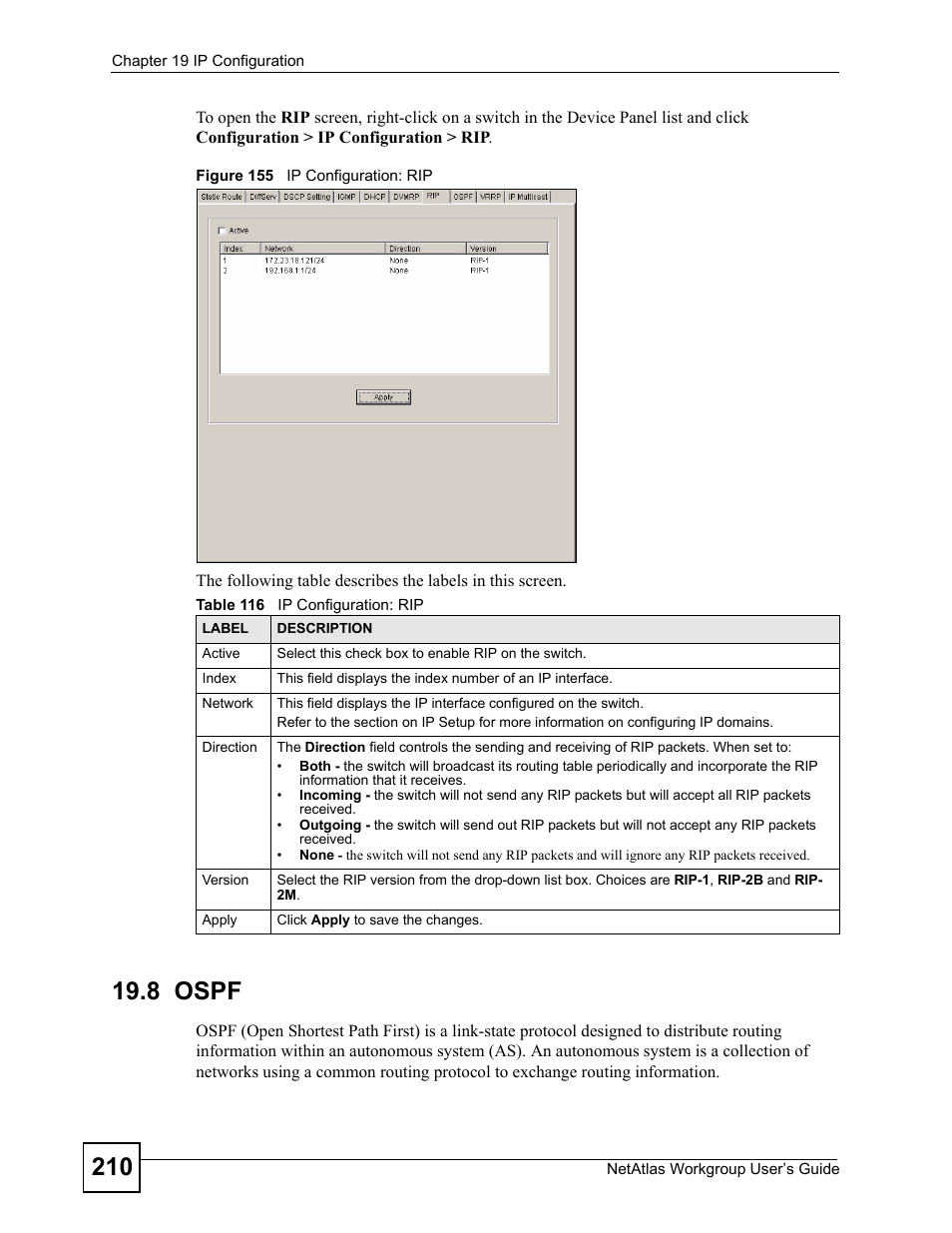 8 ospf, Figure 155 ip configuration: rip, Table 116 ip configuration: rip | ZyXEL Communications Version 1.03 User Manual | Page 210 / 242