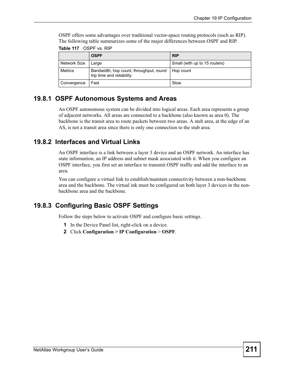 1 ospf autonomous systems and areas, 2 interfaces and virtual links, 3 configuring basic ospf settings | Table 117 ospf vs. rip | ZyXEL Communications Version 1.03 User Manual | Page 211 / 242