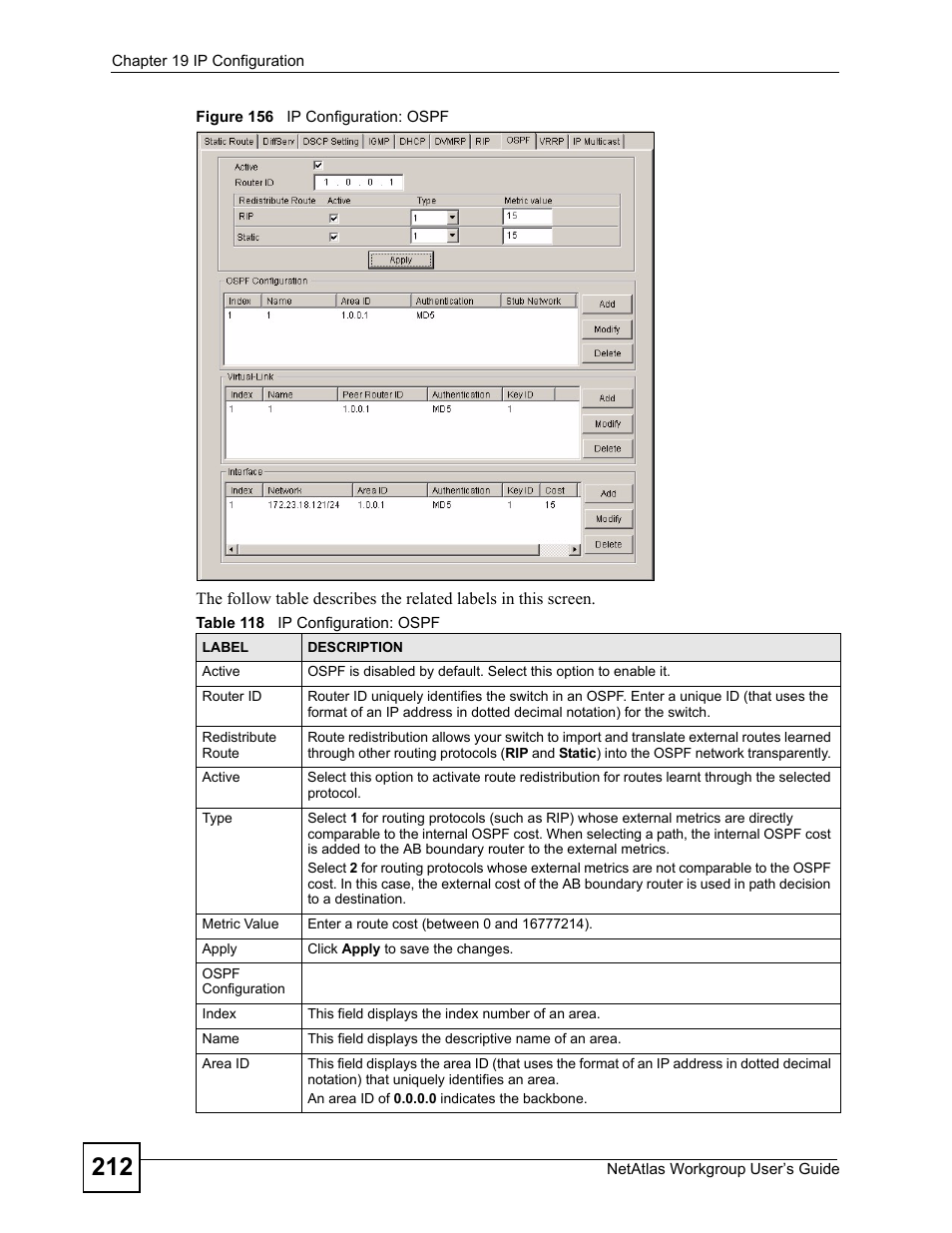 Figure 156 ip configuration: ospf, Table 118 ip configuration: ospf | ZyXEL Communications Version 1.03 User Manual | Page 212 / 242