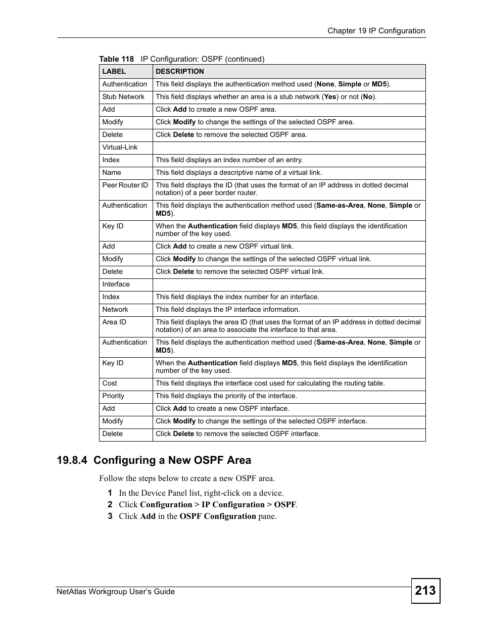 4 configuring a new ospf area | ZyXEL Communications Version 1.03 User Manual | Page 213 / 242