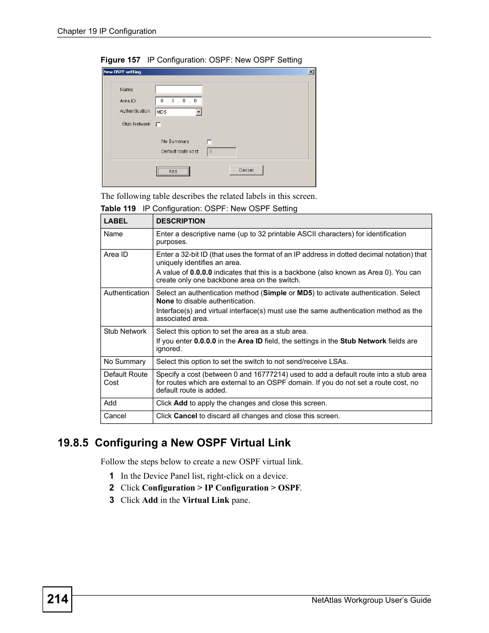 5 configuring a new ospf virtual link, Table 119 ip configuration: ospf: new ospf setting | ZyXEL Communications Version 1.03 User Manual | Page 214 / 242