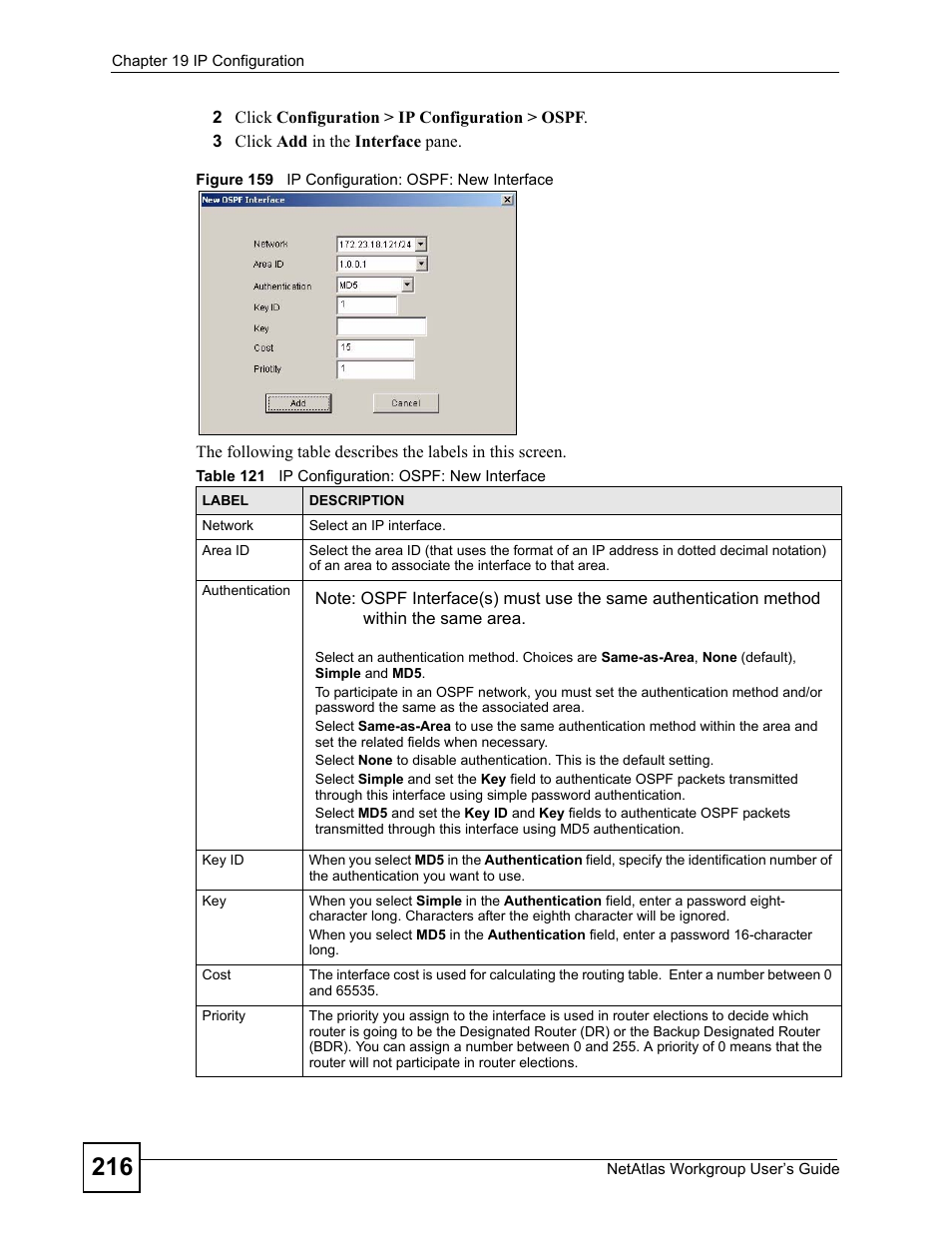Figure 159 ip configuration: ospf: new interface, Table 121 ip configuration: ospf: new interface | ZyXEL Communications Version 1.03 User Manual | Page 216 / 242