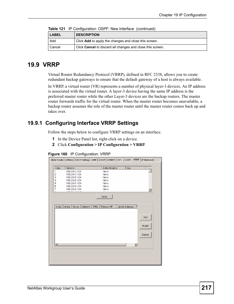 9 vrrp, 1 configuring interface vrrp settings, Figure 160 ip configuration: vrrp | ZyXEL Communications Version 1.03 User Manual | Page 217 / 242