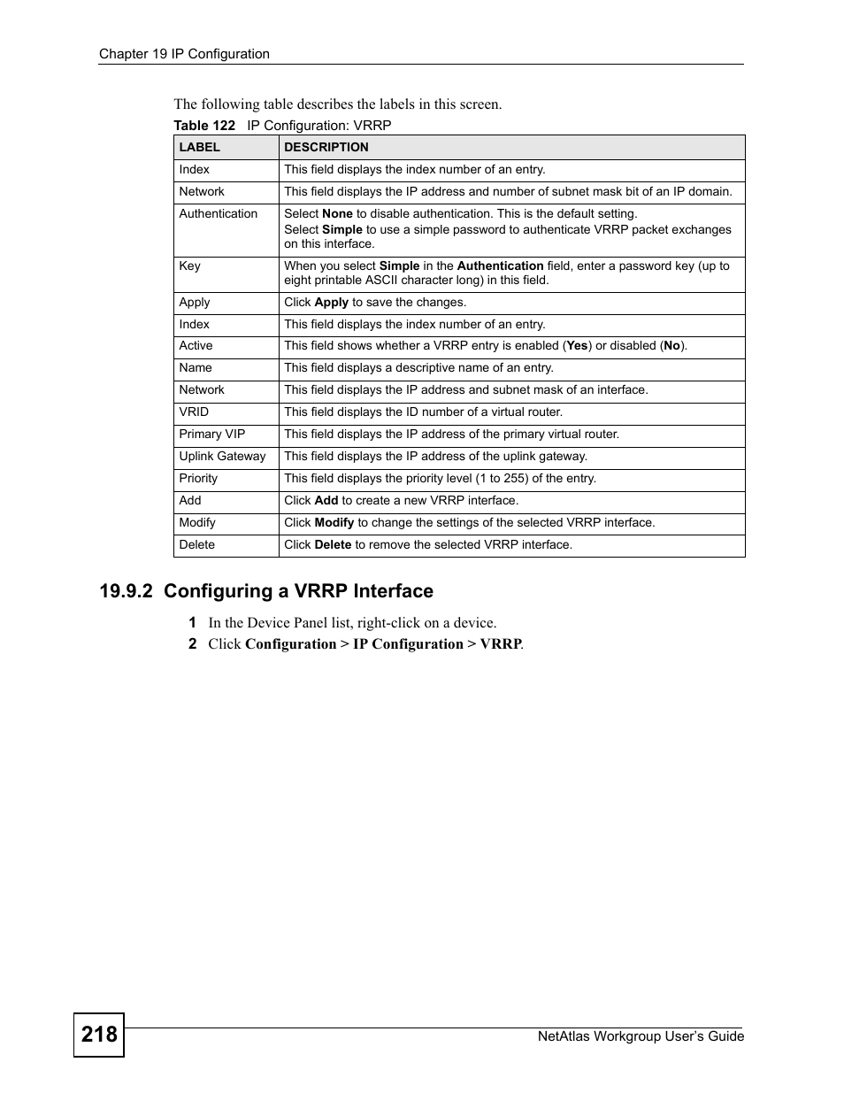 2 configuring a vrrp interface, Table 122 ip configuration: vrrp | ZyXEL Communications Version 1.03 User Manual | Page 218 / 242