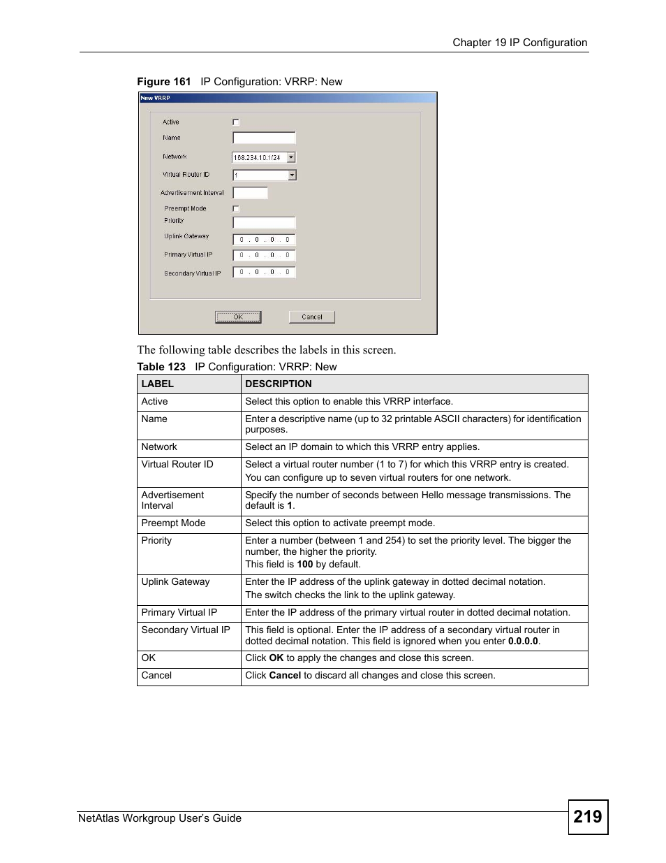 Figure 161 ip configuration: vrrp: new, Table 123 ip configuration: vrrp: new | ZyXEL Communications Version 1.03 User Manual | Page 219 / 242