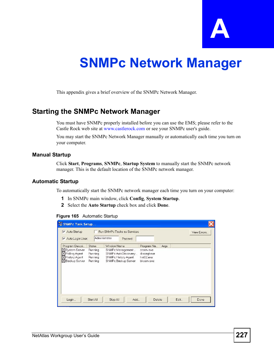 Snmpc network manager, Appendix a snmpc network manager, Figure 165 automatic startup | Snmpc network manager (227) | ZyXEL Communications Version 1.03 User Manual | Page 227 / 242