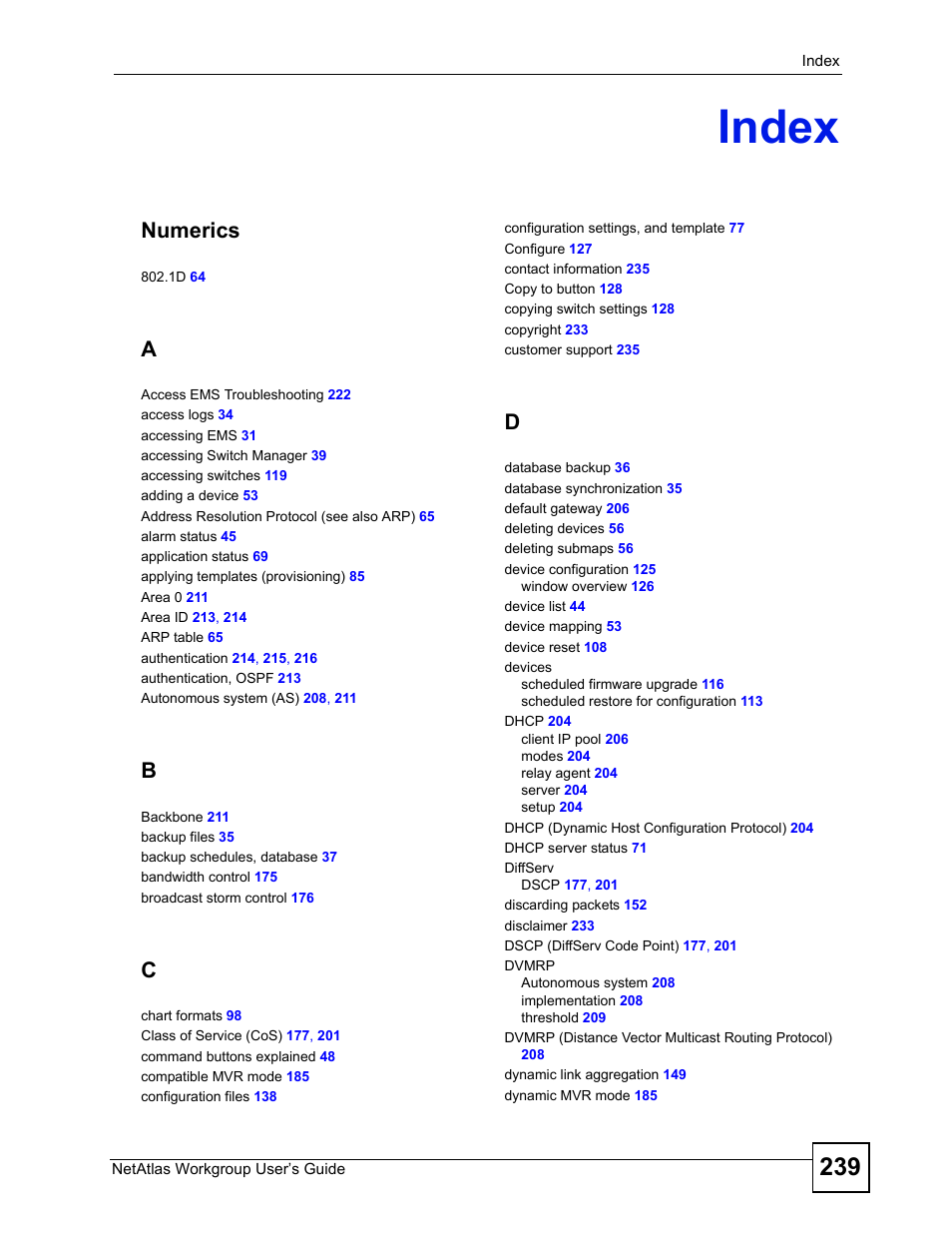 Index, Index (239), Numerics | ZyXEL Communications Version 1.03 User Manual | Page 239 / 242
