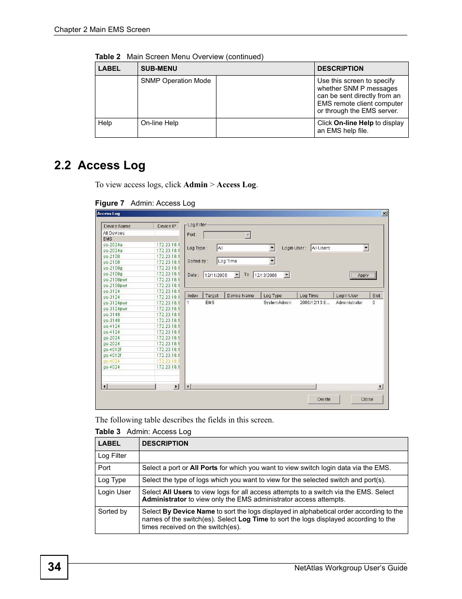 2 access log, Figure 7 admin: access log, Table 3 admin: access log | 34 2.2 access log | ZyXEL Communications Version 1.03 User Manual | Page 34 / 242