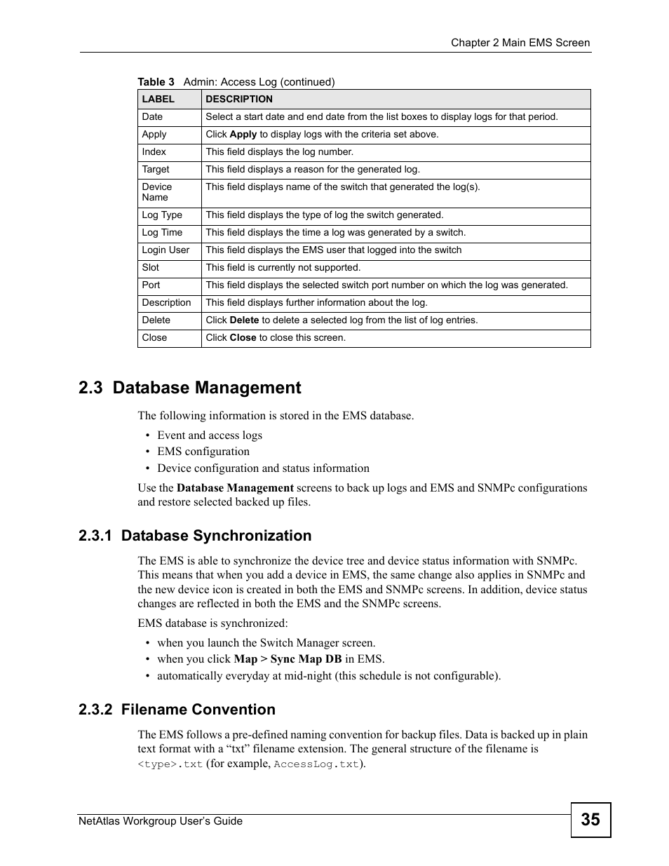 3 database management, 1 database synchronization, 2 filename convention | 35 2.3 database management | ZyXEL Communications Version 1.03 User Manual | Page 35 / 242