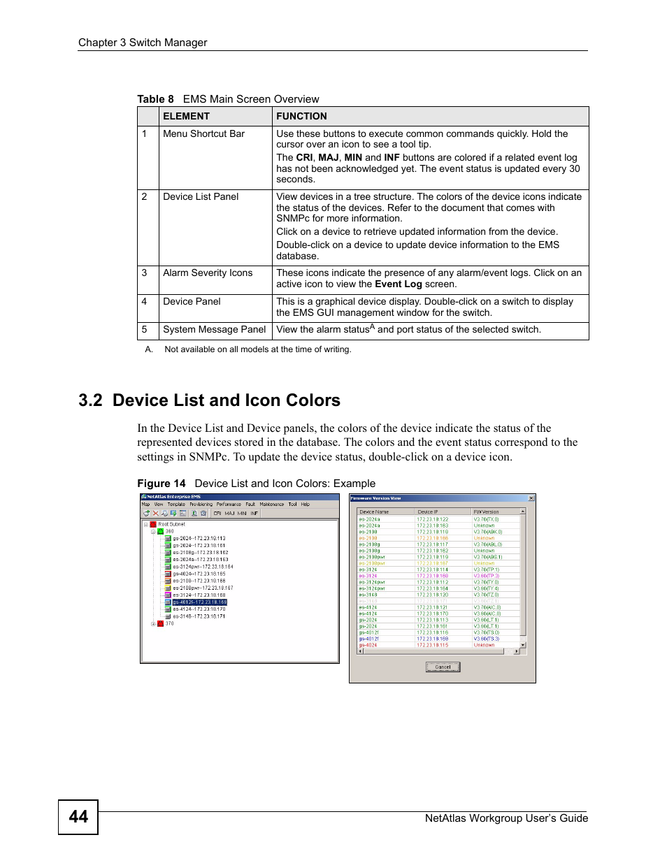 2 device list and icon colors, Figure 14 device list and icon colors: example, Table 8 ems main screen overview | 44 3.2 device list and icon colors | ZyXEL Communications Version 1.03 User Manual | Page 44 / 242