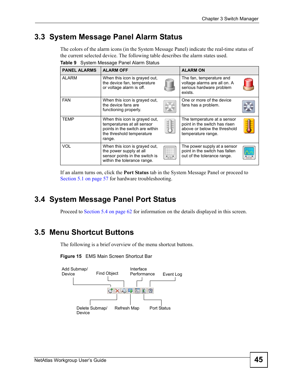 3 system message panel alarm status, 4 system message panel port status, 5 menu shortcut buttons | Figure 15 ems main screen shortcut bar, Table 9 system message panel alarm status, 45 3.3 system message panel alarm status | ZyXEL Communications Version 1.03 User Manual | Page 45 / 242