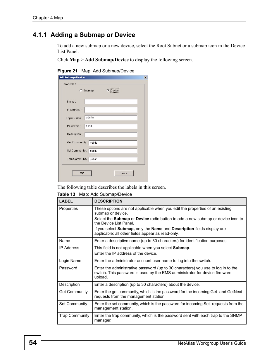 1 adding a submap or device, Figure 21 map: add submap/device, Table 13 map: add submap/device | ZyXEL Communications Version 1.03 User Manual | Page 54 / 242