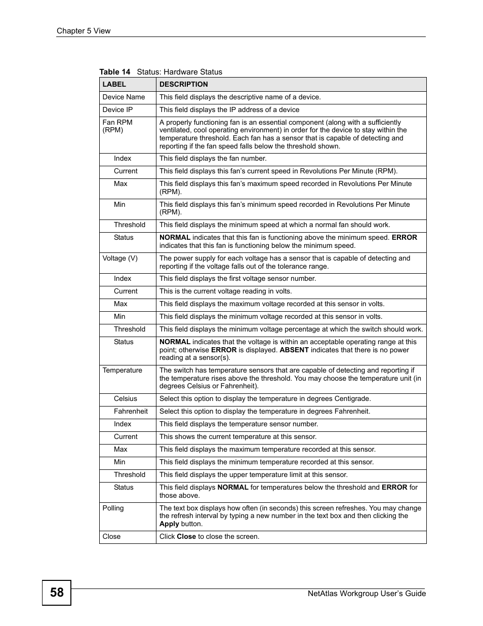 Table 14 status: hardware status | ZyXEL Communications Version 1.03 User Manual | Page 58 / 242