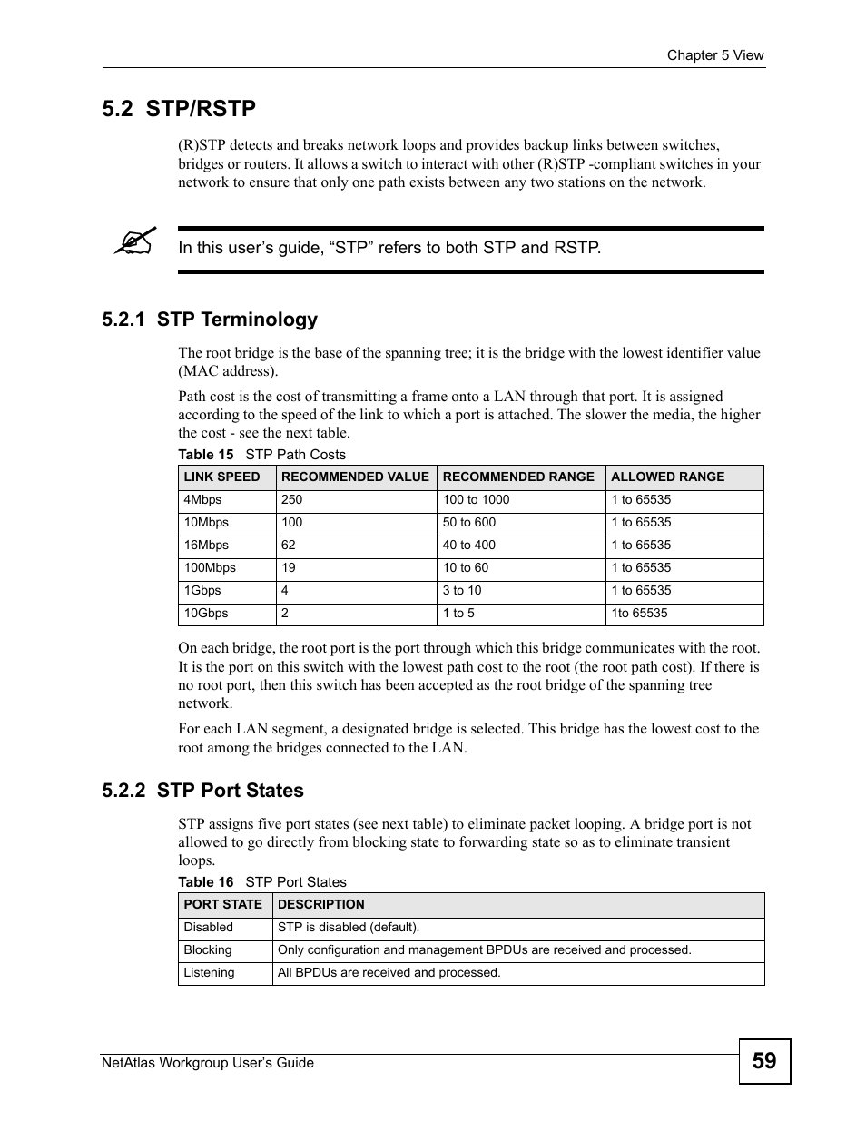 2 stp/rstp, 1 stp terminology, 2 stp port states | 1 stp terminology 5.2.2 stp port states, Table 15 stp path costs table 16 stp port states, 59 5.2 stp/rstp | ZyXEL Communications Version 1.03 User Manual | Page 59 / 242