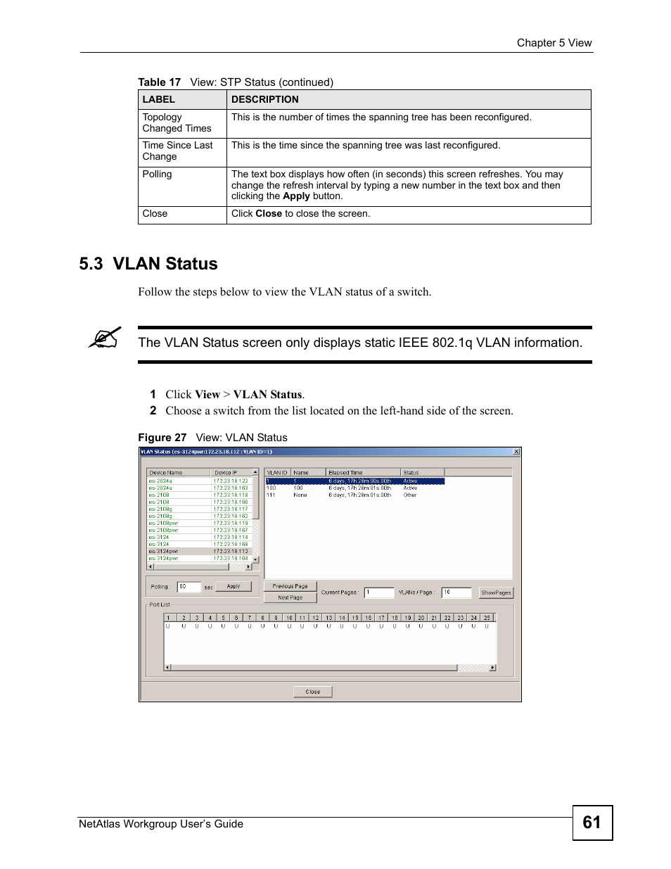 3 vlan status, Figure 27 view: vlan status, 61 5.3 vlan status | ZyXEL Communications Version 1.03 User Manual | Page 61 / 242
