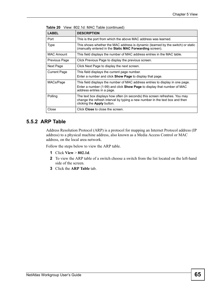 2 arp table | ZyXEL Communications Version 1.03 User Manual | Page 65 / 242