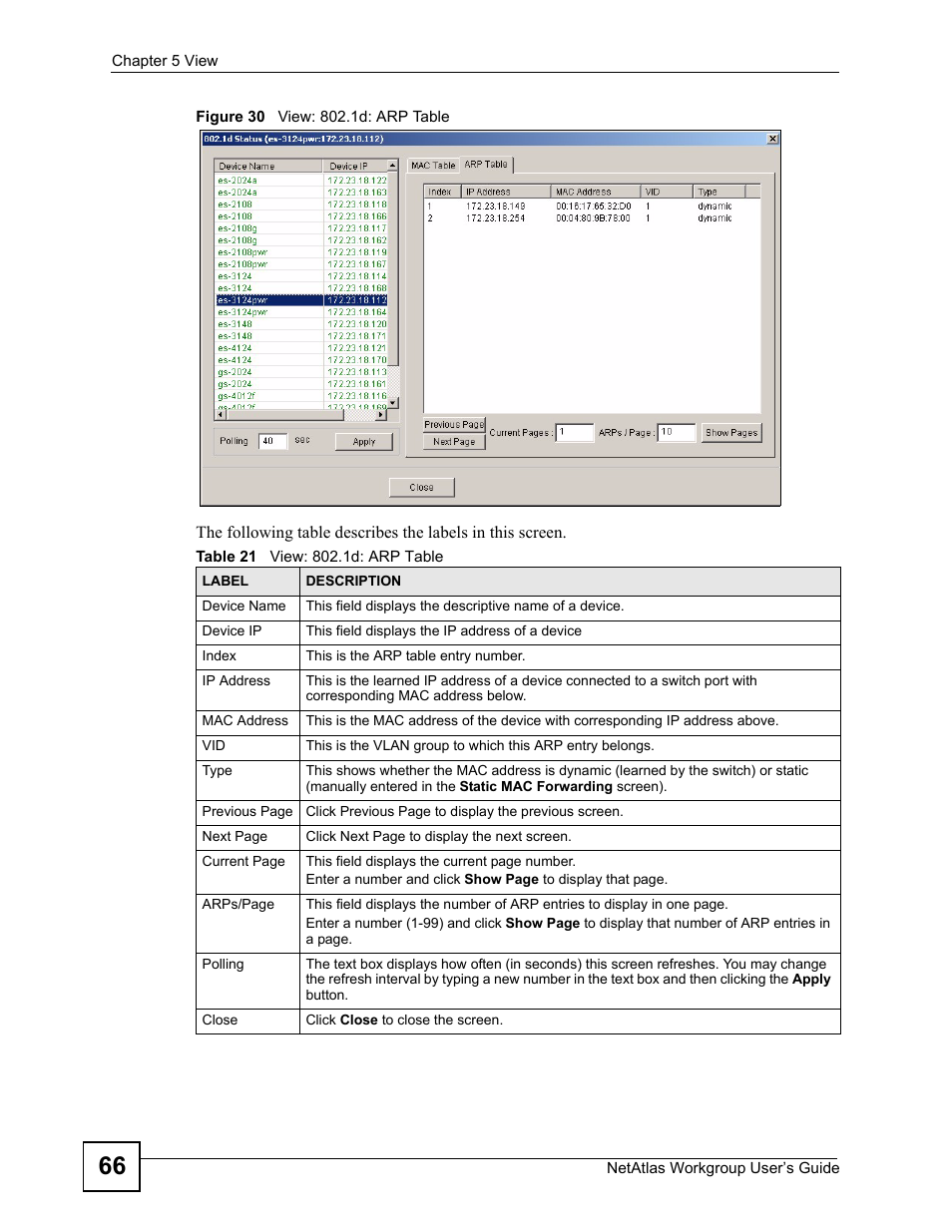 Figure 30 view: 802.1d: arp table, Table 21 view: 802.1d: arp table | ZyXEL Communications Version 1.03 User Manual | Page 66 / 242