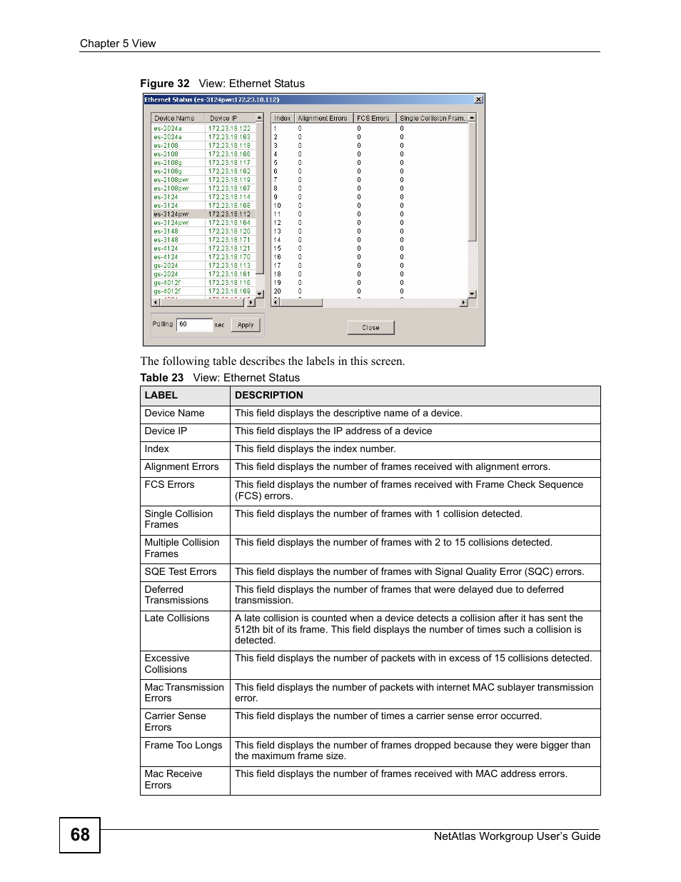 Figure 32 view: ethernet status, Table 23 view: ethernet status | ZyXEL Communications Version 1.03 User Manual | Page 68 / 242