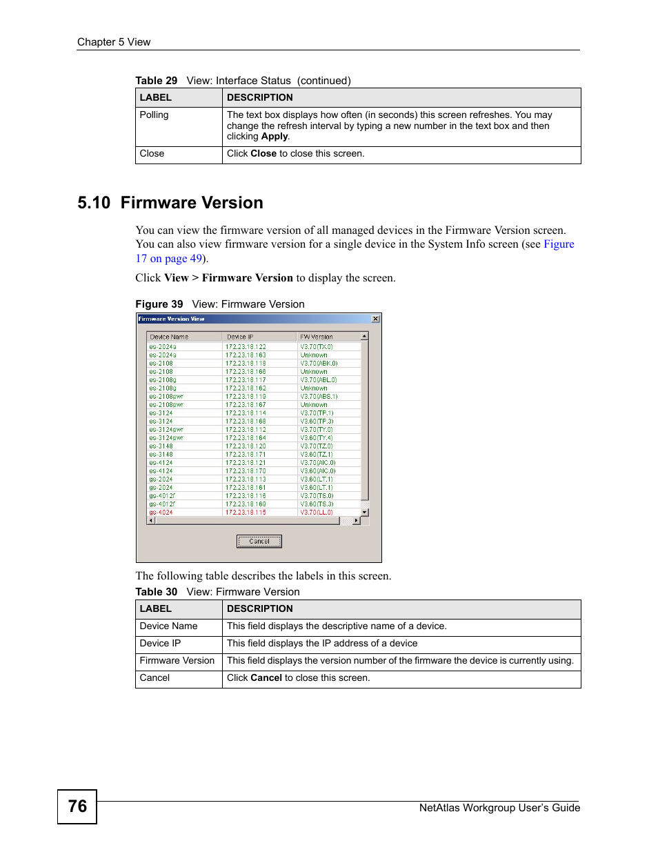 10 firmware version, Figure 39 view: firmware version, Table 30 view: firmware version | ZyXEL Communications Version 1.03 User Manual | Page 76 / 242
