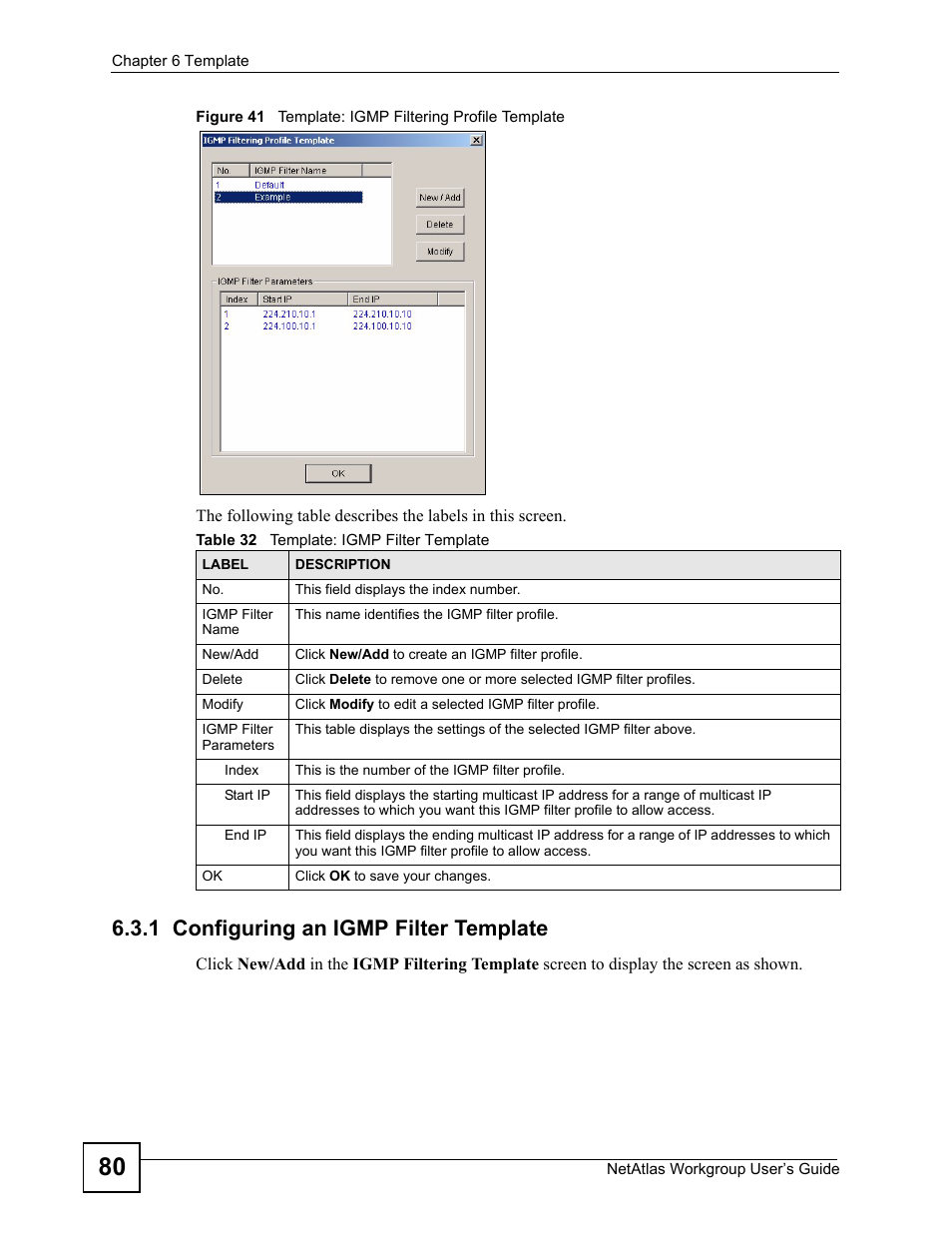 1 configuring an igmp filter template, Table 32 template: igmp filter template | ZyXEL Communications Version 1.03 User Manual | Page 80 / 242