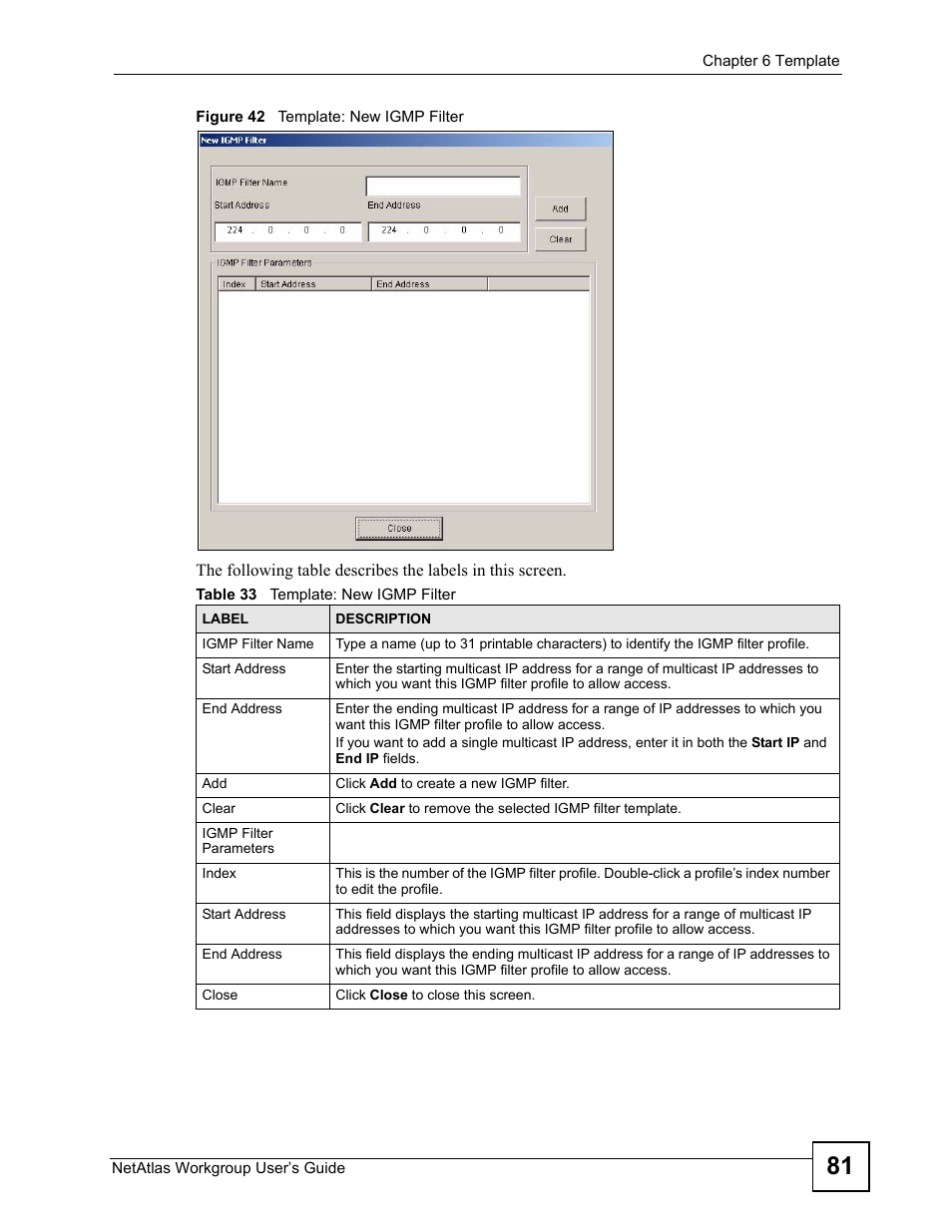 Figure 42 template: new igmp filter, Table 33 template: new igmp filter | ZyXEL Communications Version 1.03 User Manual | Page 81 / 242