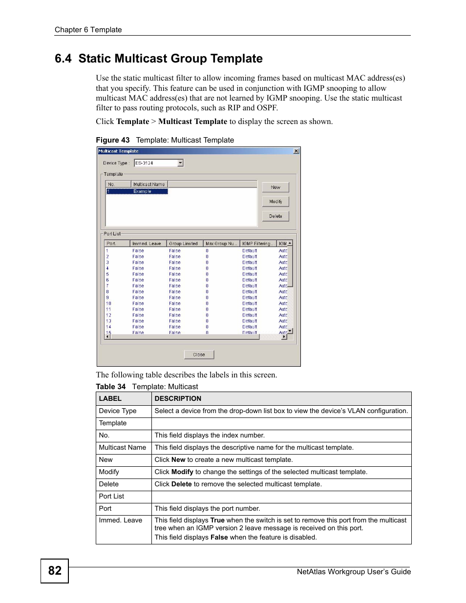 4 static multicast group template, Figure 43 template: multicast template, Table 34 template: multicast | 82 6.4 static multicast group template | ZyXEL Communications Version 1.03 User Manual | Page 82 / 242