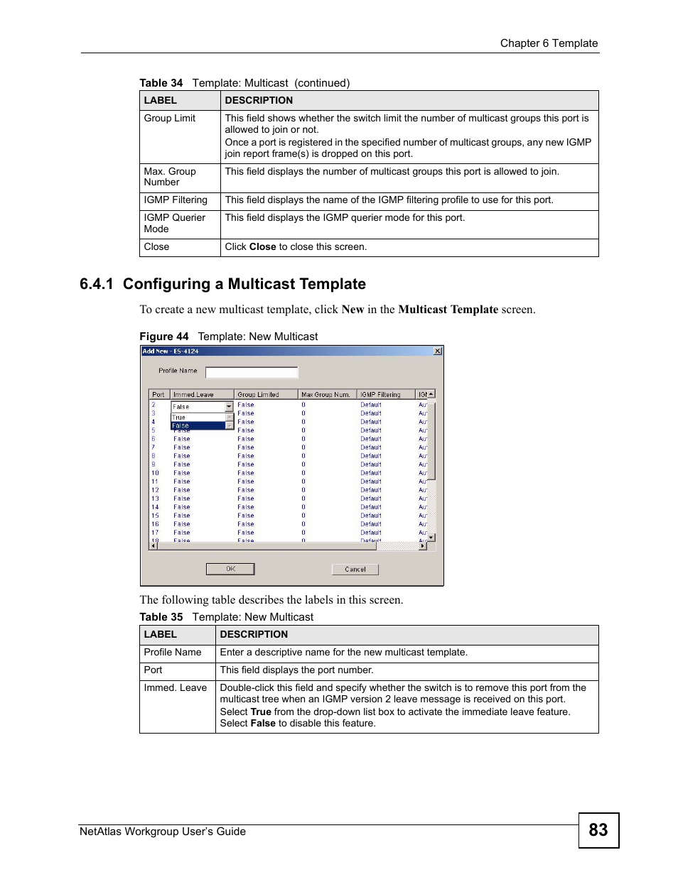 1 configuring a multicast template, Figure 44 template: new multicast, Table 35 template: new multicast | ZyXEL Communications Version 1.03 User Manual | Page 83 / 242