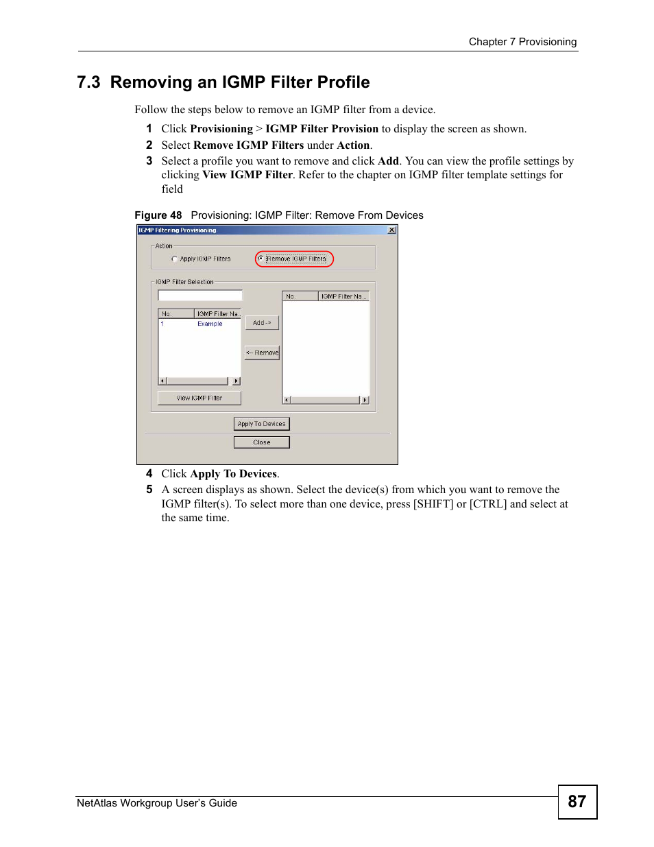 3 removing an igmp filter profile, 87 7.3 removing an igmp filter profile | ZyXEL Communications Version 1.03 User Manual | Page 87 / 242