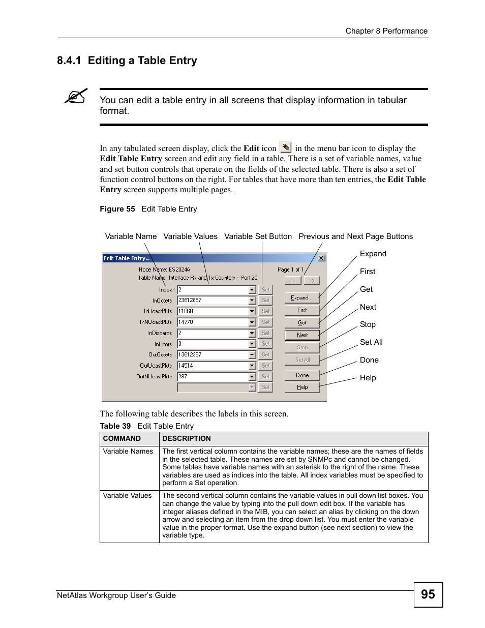 1 editing a table entry, Figure 55 edit table entry, Table 39 edit table entry | ZyXEL Communications Version 1.03 User Manual | Page 95 / 242