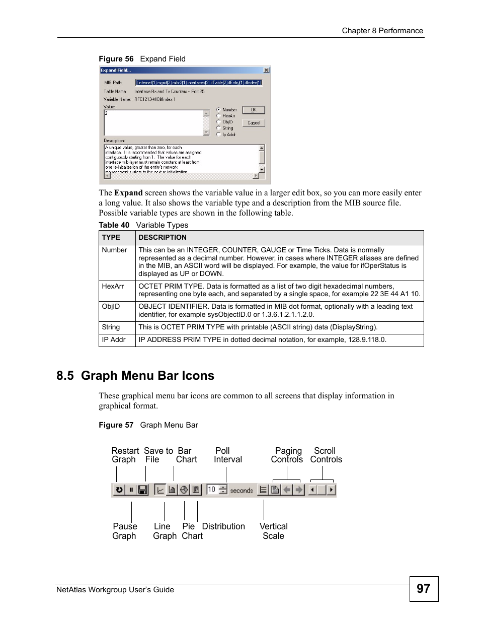 5 graph menu bar icons, Figure 56 expand field figure 57 graph menu bar, Table 40 variable types | ZyXEL Communications Version 1.03 User Manual | Page 97 / 242