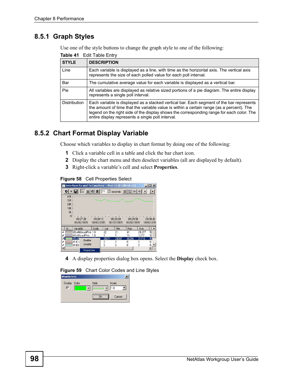 1 graph styles, 2 chart format display variable, 1 graph styles 8.5.2 chart format display variable | Table 41 edit table entry | ZyXEL Communications Version 1.03 User Manual | Page 98 / 242