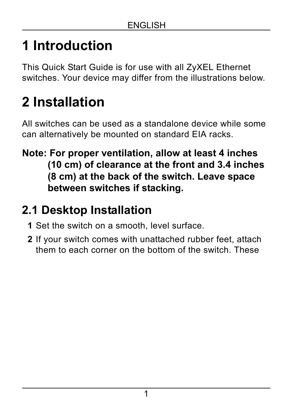 English, 1 introduction, 2 installation | 1 desktop installation | ZyXEL Communications ZyXEL Dimension ES-1552 User Manual | Page 3 / 43