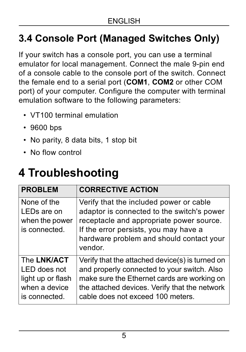 4 troubleshooting, 4 console port (managed switches only) | ZyXEL Communications ZyXEL Dimension ES-1552 User Manual | Page 7 / 43