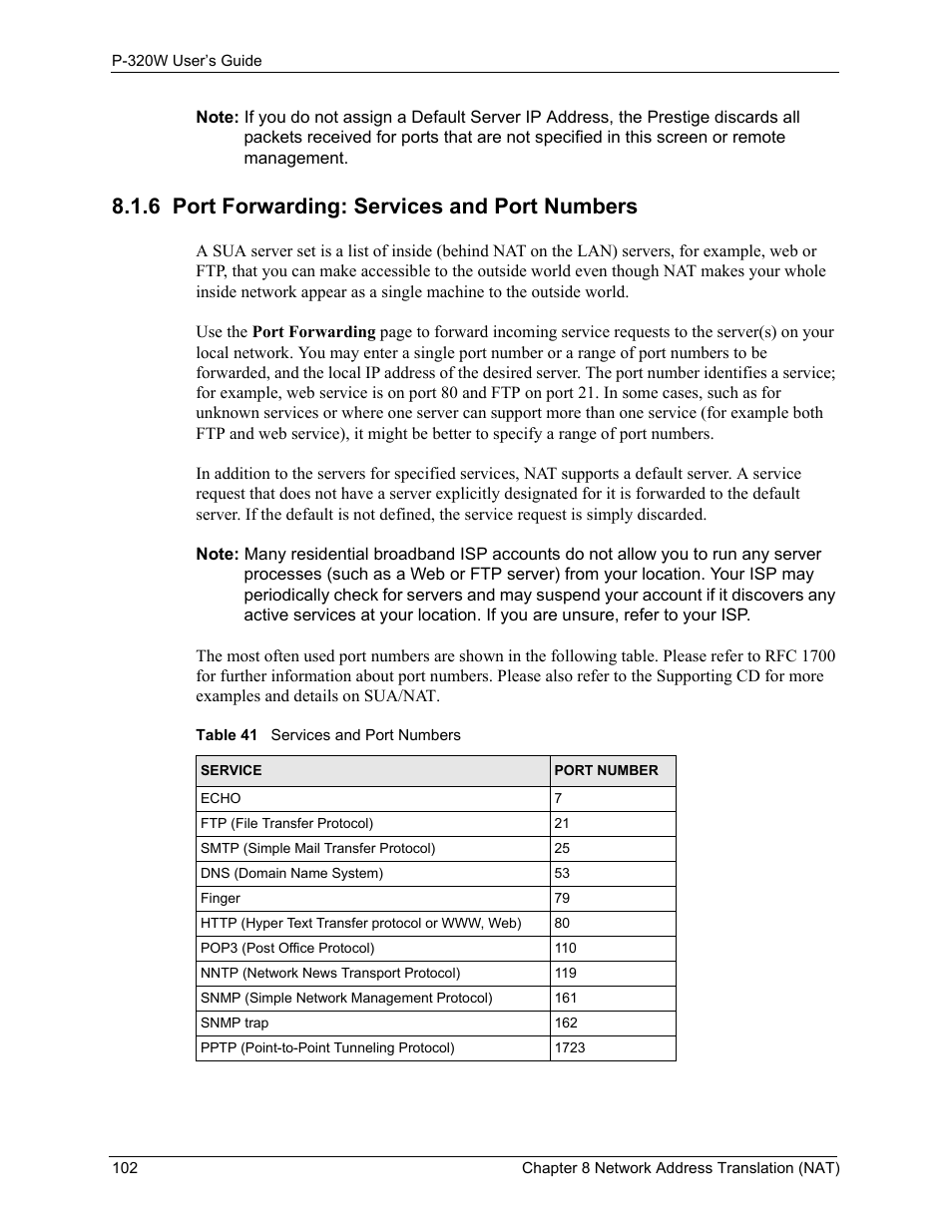 6 port forwarding: services and port numbers, Table 41 services and port numbers | ZyXEL Communications 802.11g Wireless Firewall Router P-320W User Manual | Page 102 / 215