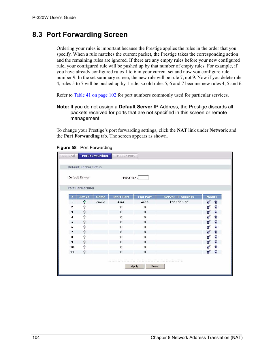 3 port forwarding screen, Figure 58 port forwarding | ZyXEL Communications 802.11g Wireless Firewall Router P-320W User Manual | Page 104 / 215