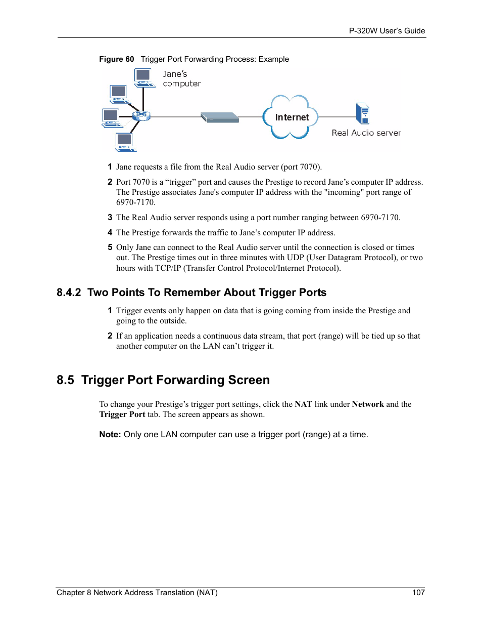 2 two points to remember about trigger ports, 5 trigger port forwarding screen, Figure 60 trigger port forwarding process: example | ZyXEL Communications 802.11g Wireless Firewall Router P-320W User Manual | Page 107 / 215