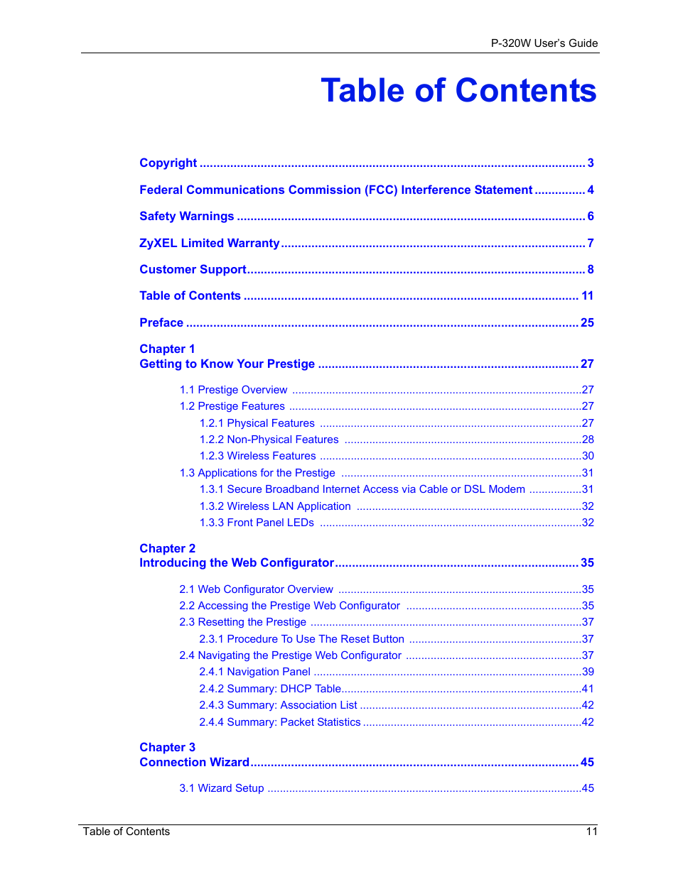 ZyXEL Communications 802.11g Wireless Firewall Router P-320W User Manual | Page 11 / 215