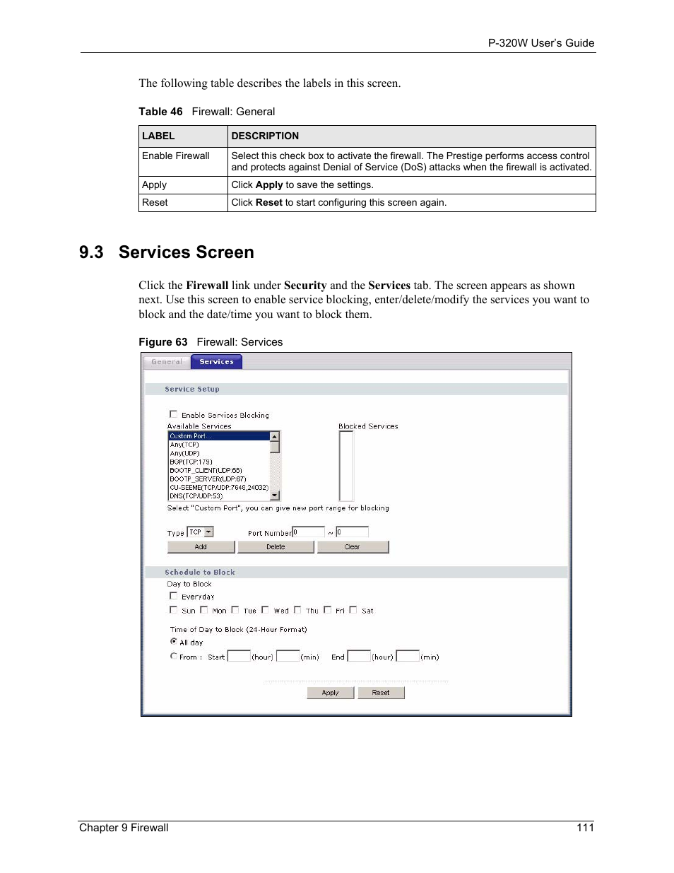 3 services screen, Figure 63 firewall: services, Table 46 firewall: general | ZyXEL Communications 802.11g Wireless Firewall Router P-320W User Manual | Page 111 / 215